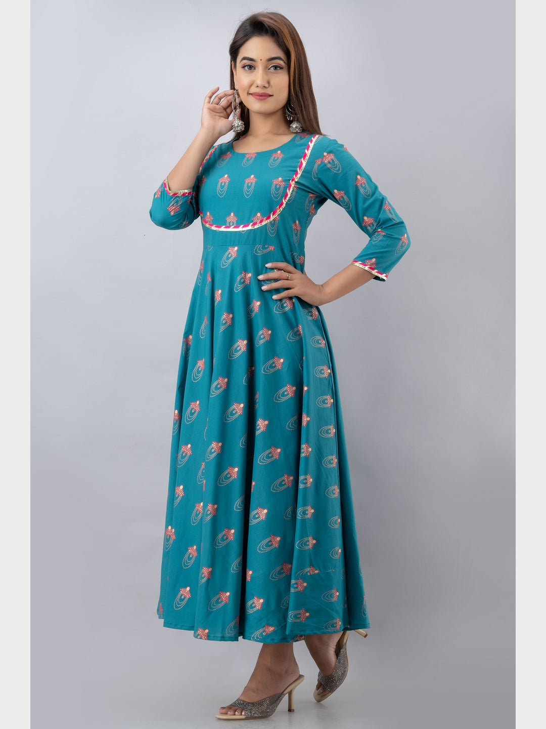Cotton Printed Round Neck 3/4 Sleeve Flared Ankle Length Kurta - Image 4