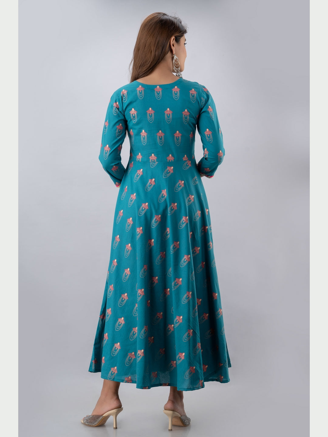 Cotton Printed Round Neck 3/4 Sleeve Flared Ankle Length Kurta - Image 3