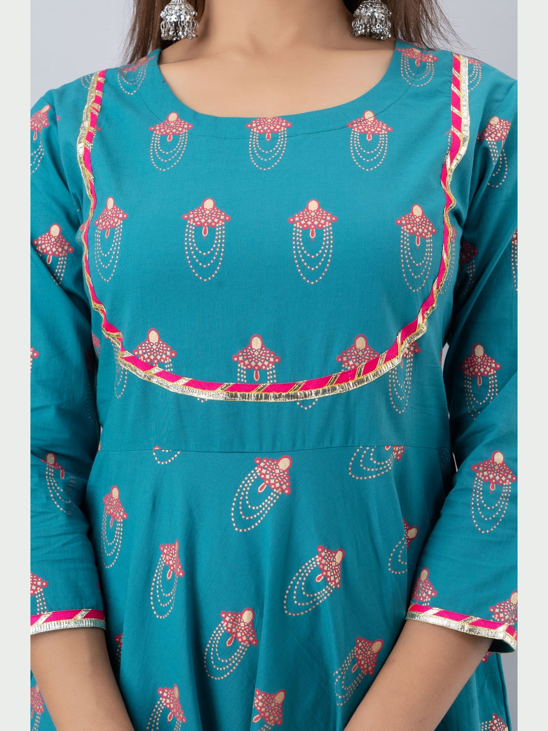 Cotton Printed Round Neck 3/4 Sleeve Flared Ankle Length Kurta - Image 5