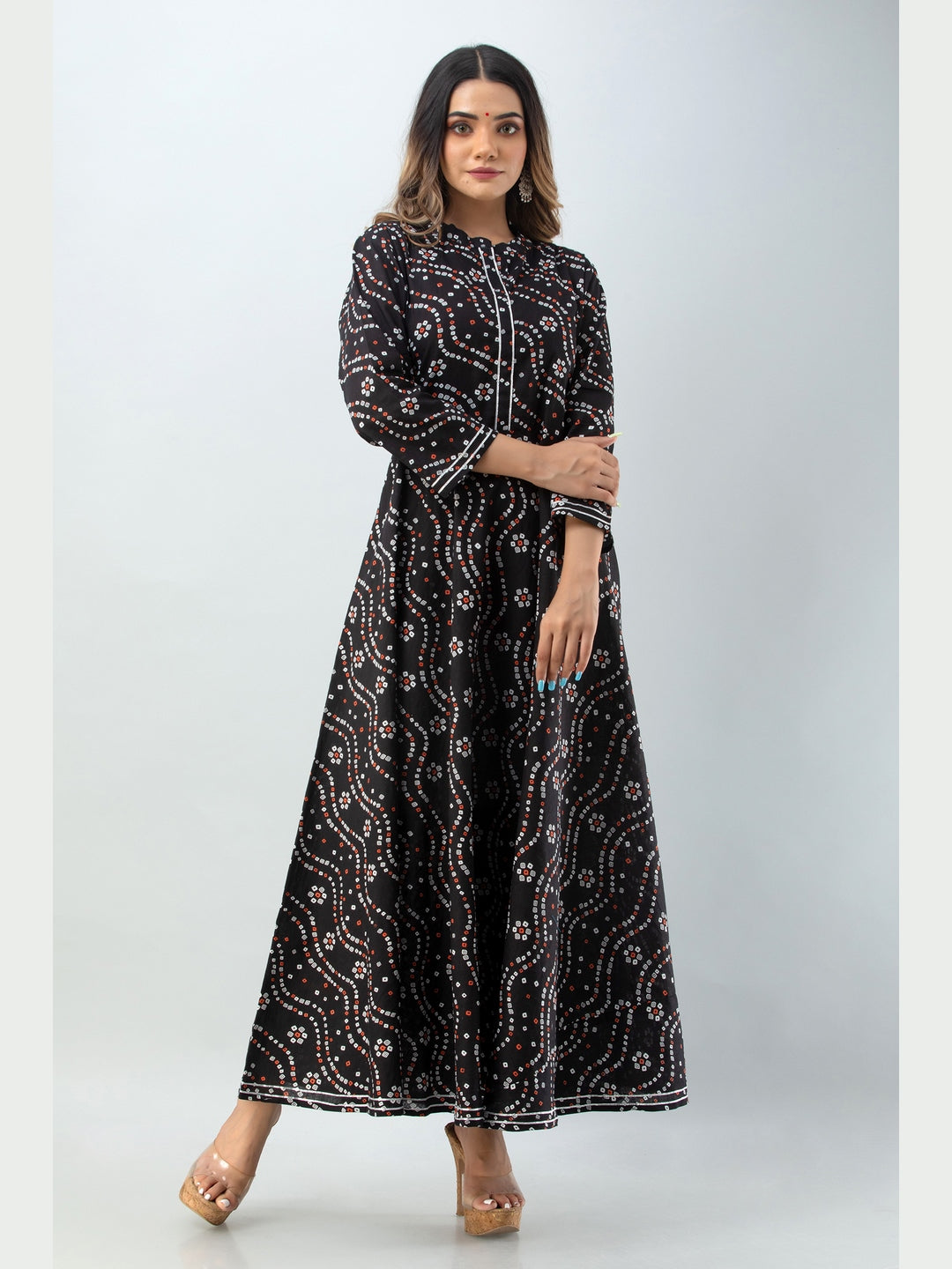 Cotton Printed Mandarin Neck 3/4 Sleeve Flared Ankle Length Kurta - Image 2