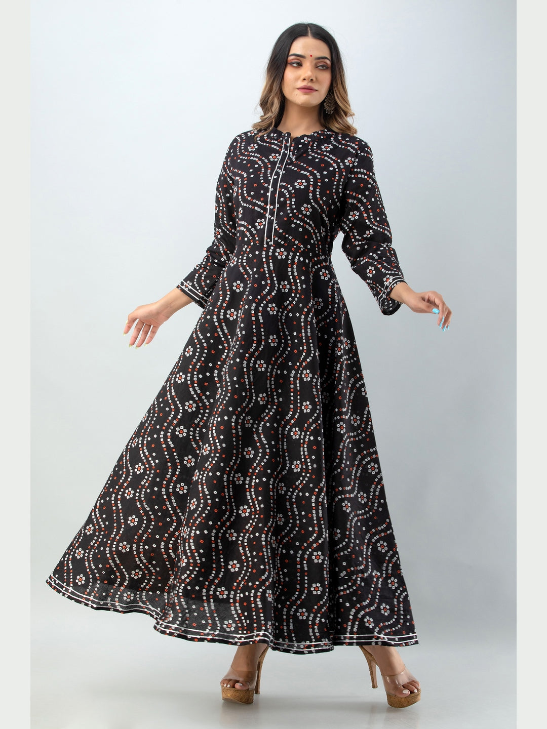 Cotton Printed Mandarin Neck 3/4 Sleeve Flared Ankle Length Kurta - Image 4