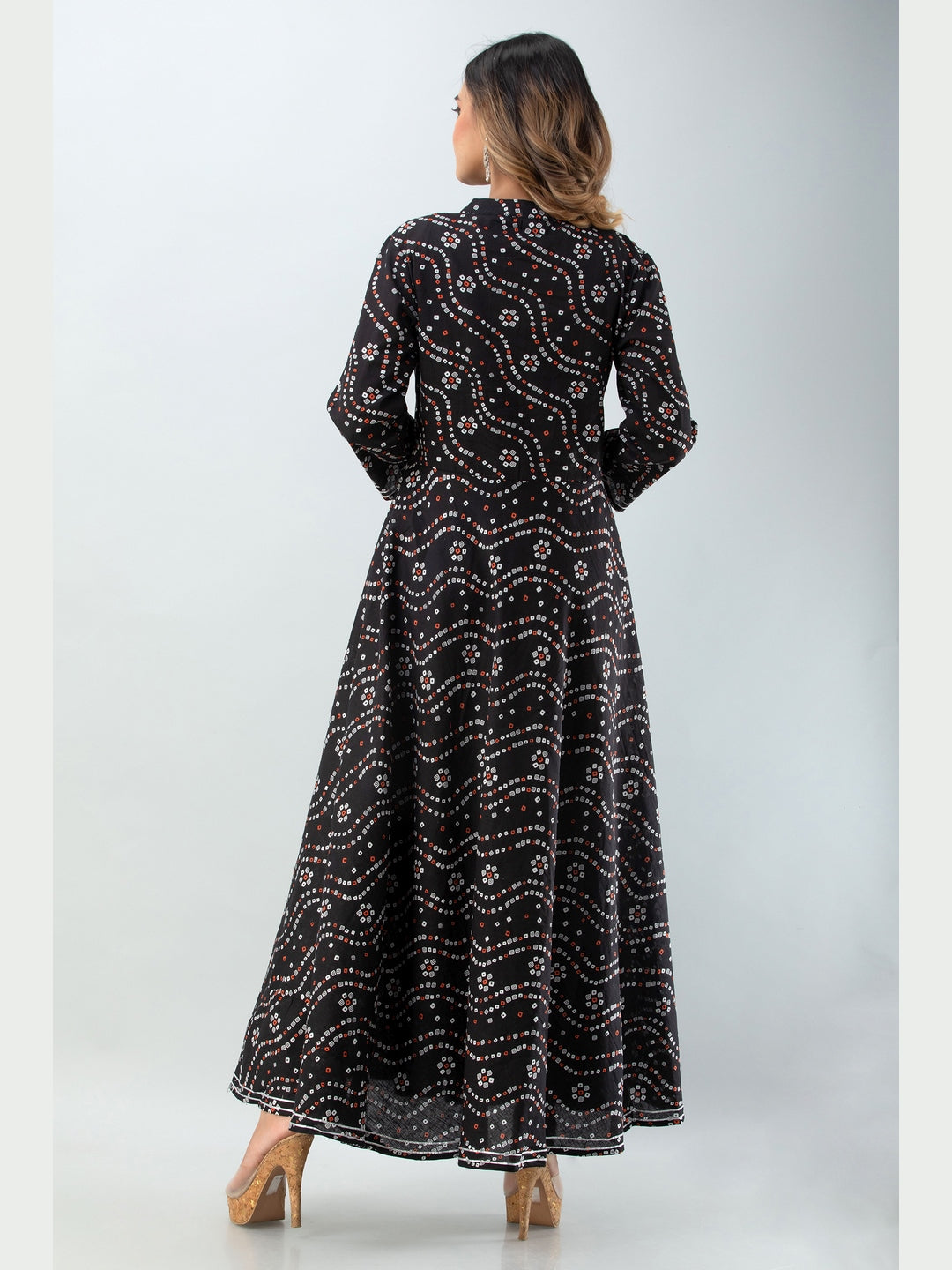 Cotton Printed Mandarin Neck 3/4 Sleeve Flared Ankle Length Kurta - Image 3