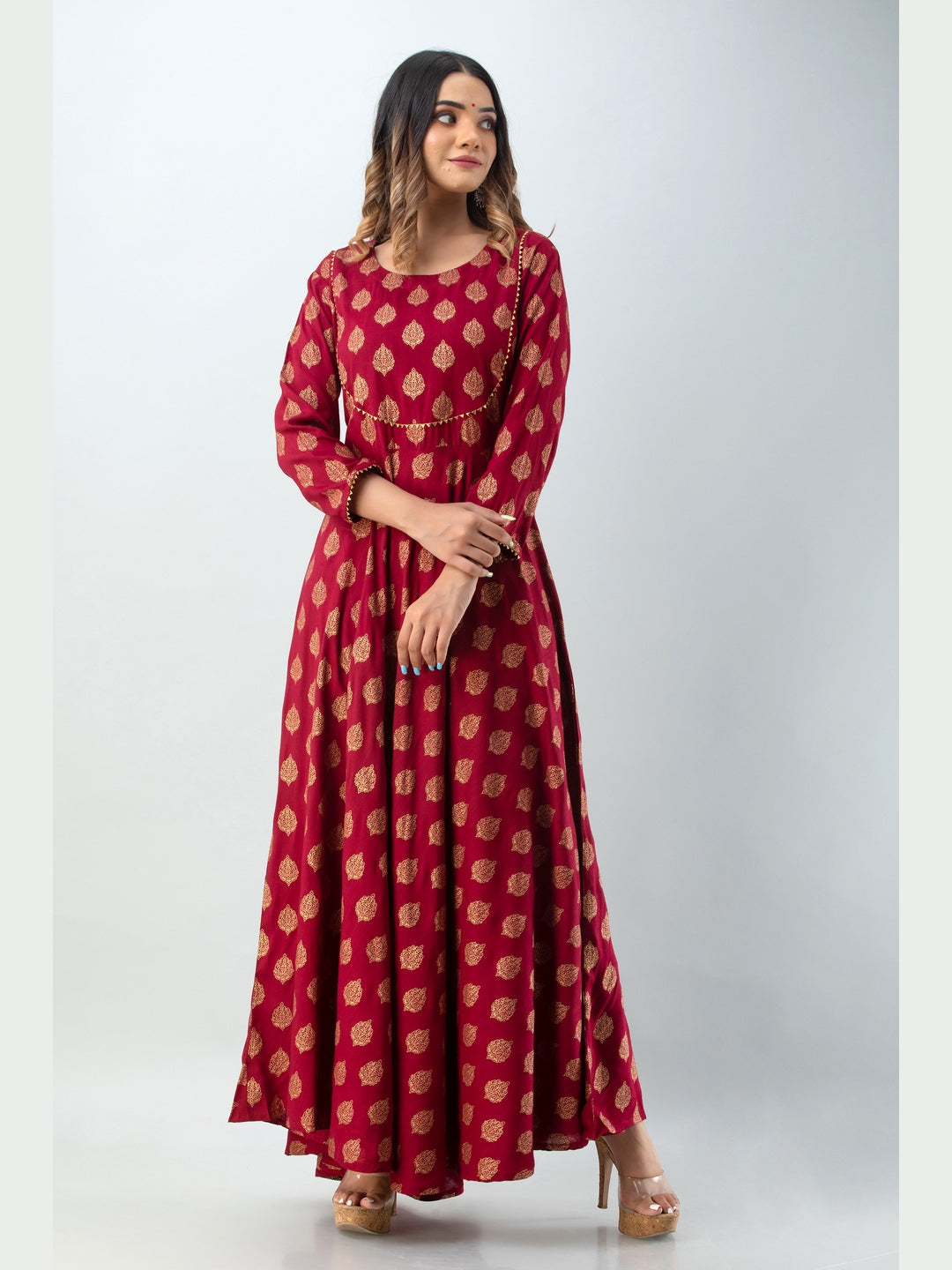 Cotton Printed Round Neck 3/4 Sleeve Flared Ankle Length Kurta - Image 2