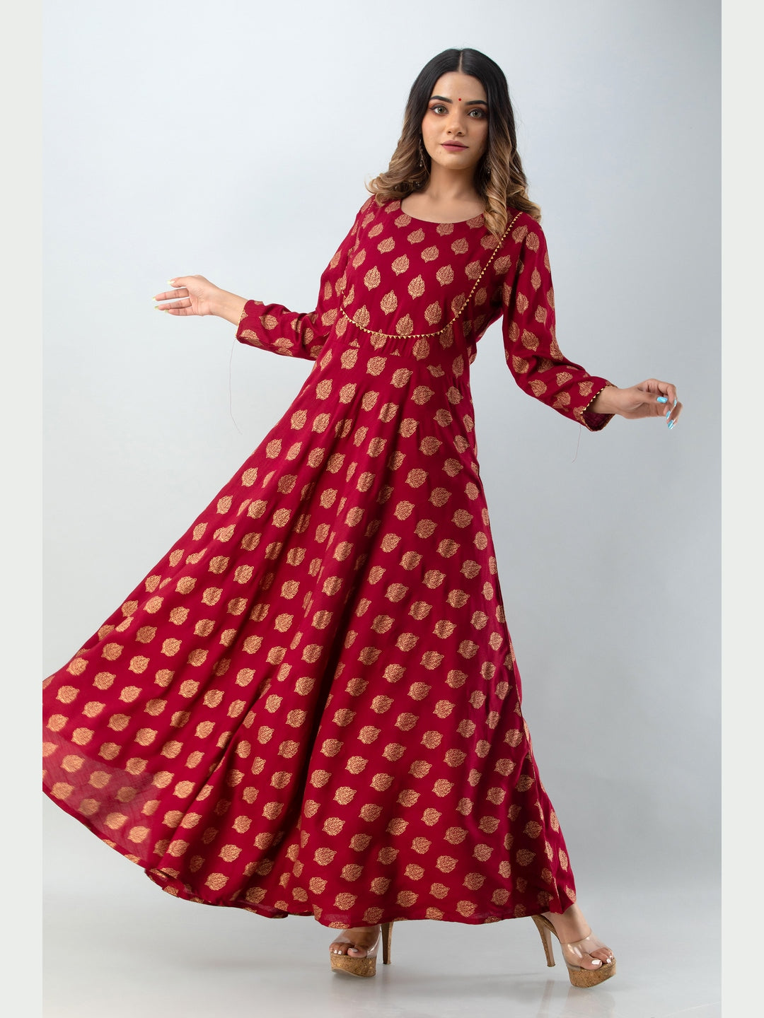 Cotton Printed Round Neck 3/4 Sleeve Flared Ankle Length Kurta - Image 4