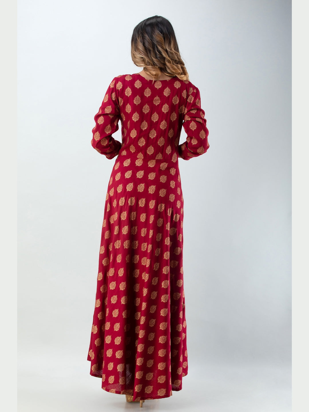 Cotton Printed Round Neck 3/4 Sleeve Flared Ankle Length Kurta - Image 3