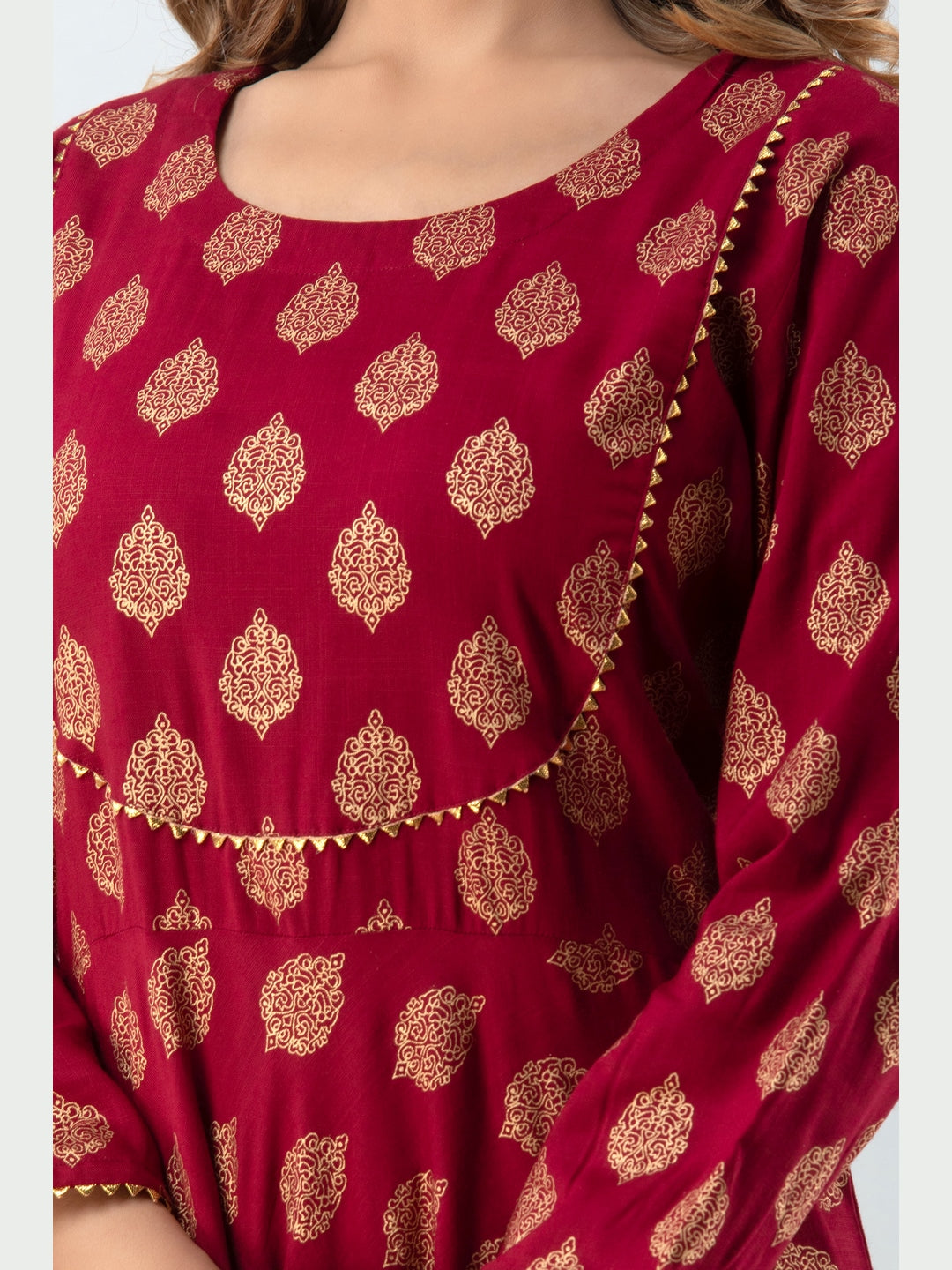 Cotton Printed Round Neck 3/4 Sleeve Flared Ankle Length Kurta - Image 5