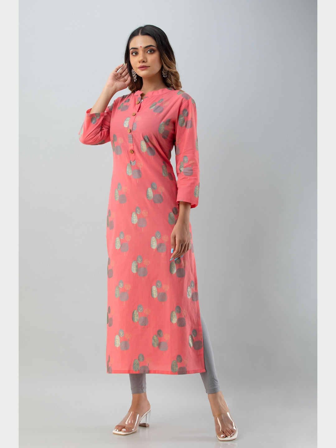 Cotton Printed Mandarin Neck 3/4 Sleeve Straight Calf Length Kurta - Image 2