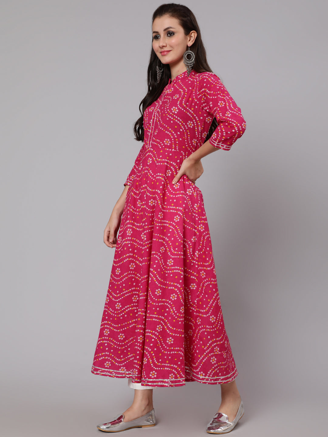 Cotton Calf Length Flared 3/4 Sleeve Mandarin Neck Printed Kurta - Image 4