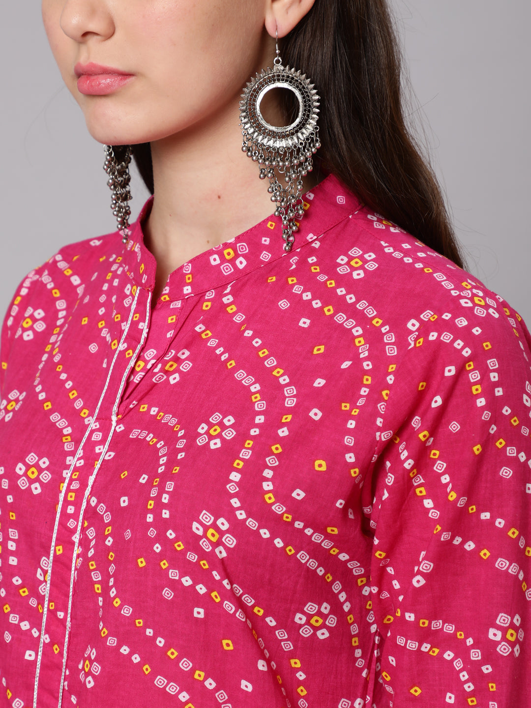Cotton Calf Length Flared 3/4 Sleeve Mandarin Neck Printed Kurta - Image 5