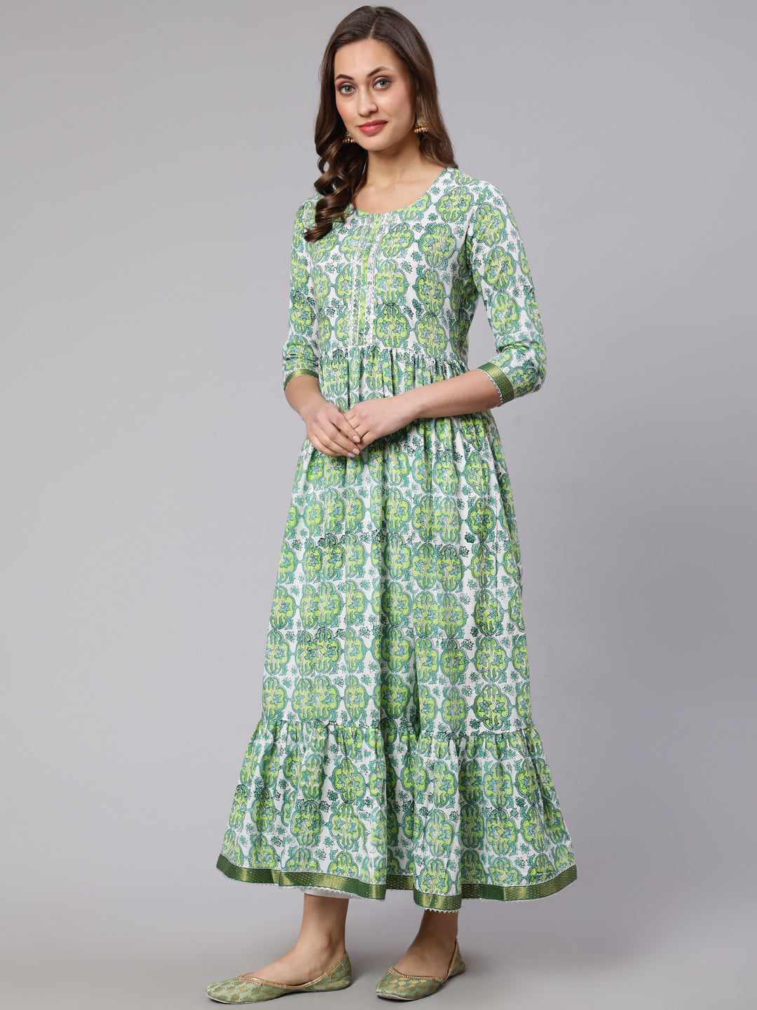 Cotton Printed Round Neck 3/4 Sleeve Flared Kurta - Image 3