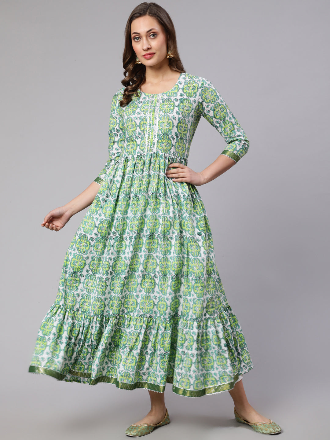 Cotton Printed Round Neck 3/4 Sleeve Flared Kurta - Image 6