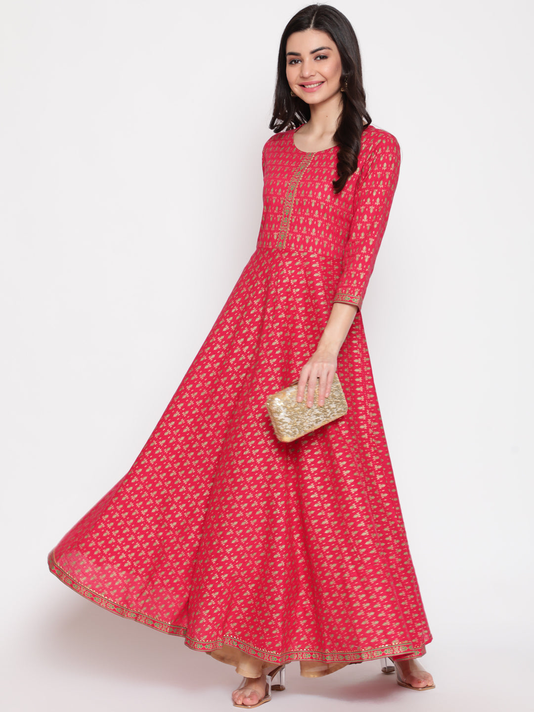 Cotton Printed Round Neck 3/4 Sleeve Flared Ankle Length Ethnic Kurta - Image 2