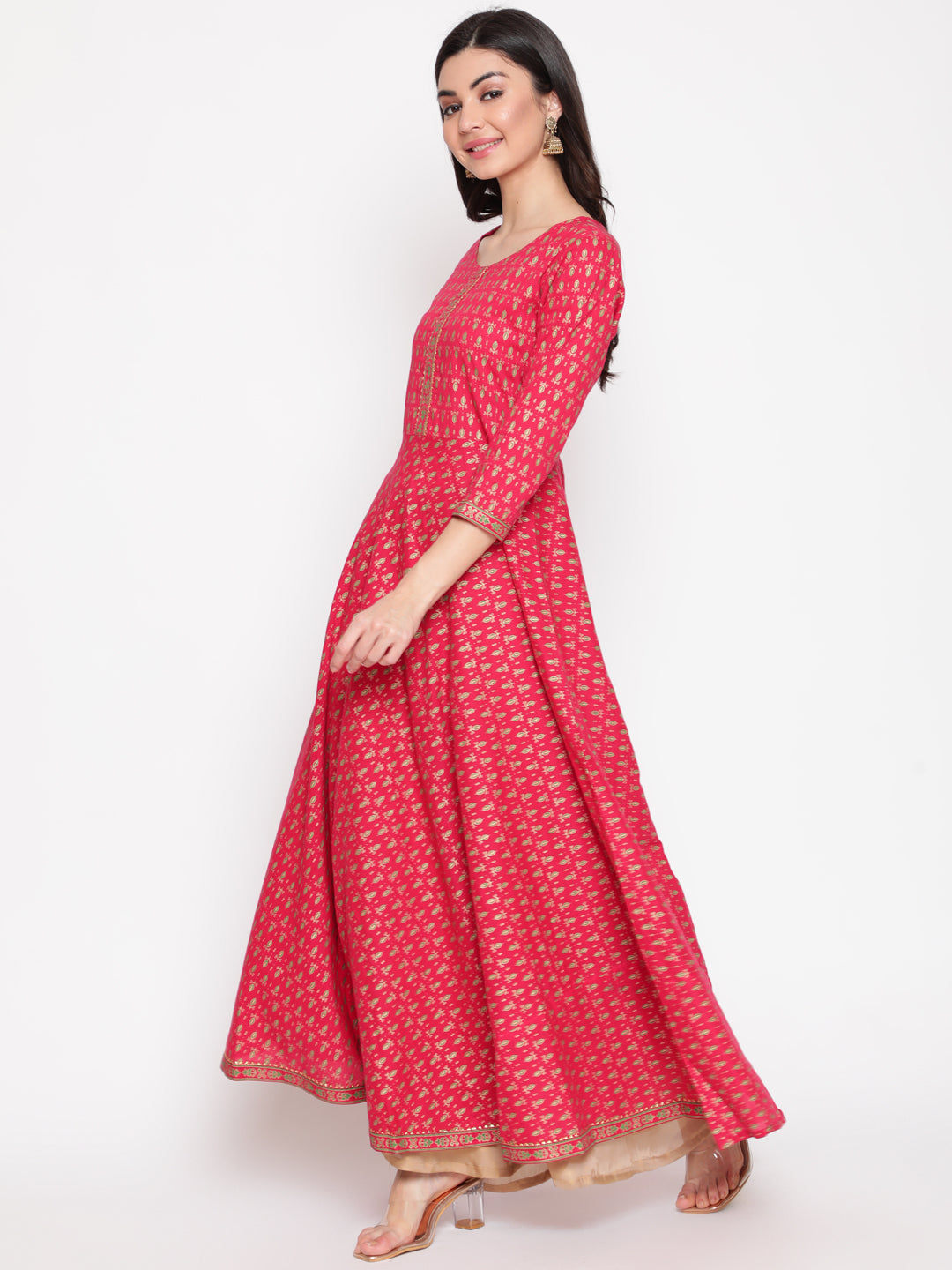 Cotton Printed Round Neck 3/4 Sleeve Flared Ankle Length Ethnic Kurta - Image 3