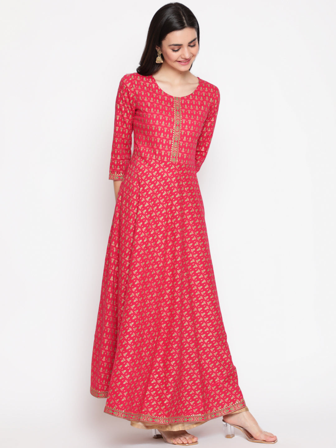 Cotton Printed Round Neck 3/4 Sleeve Flared Ankle Length Ethnic Kurta - Image 4