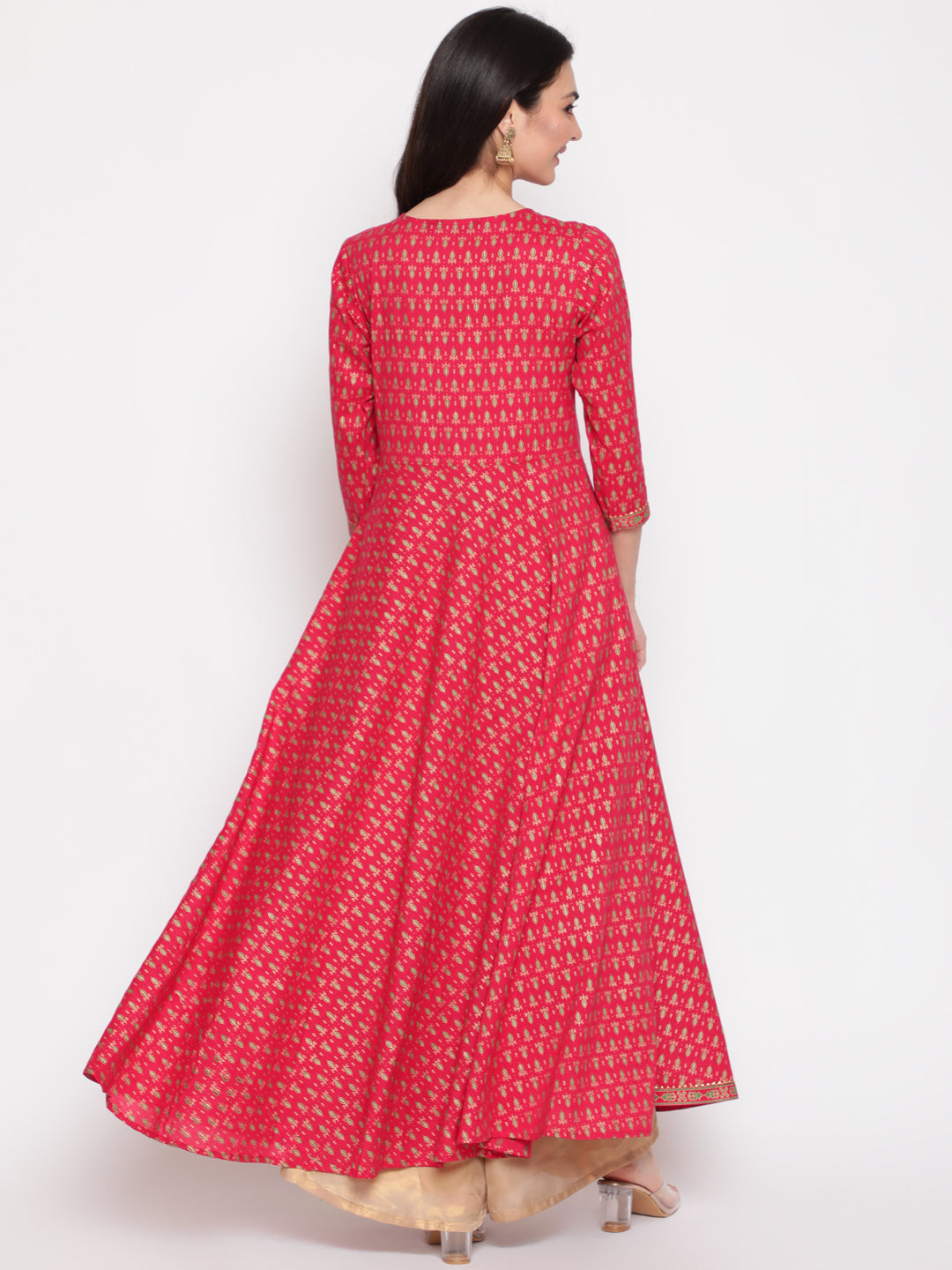 Cotton Printed Round Neck 3/4 Sleeve Flared Ankle Length Ethnic Kurta - Image 5