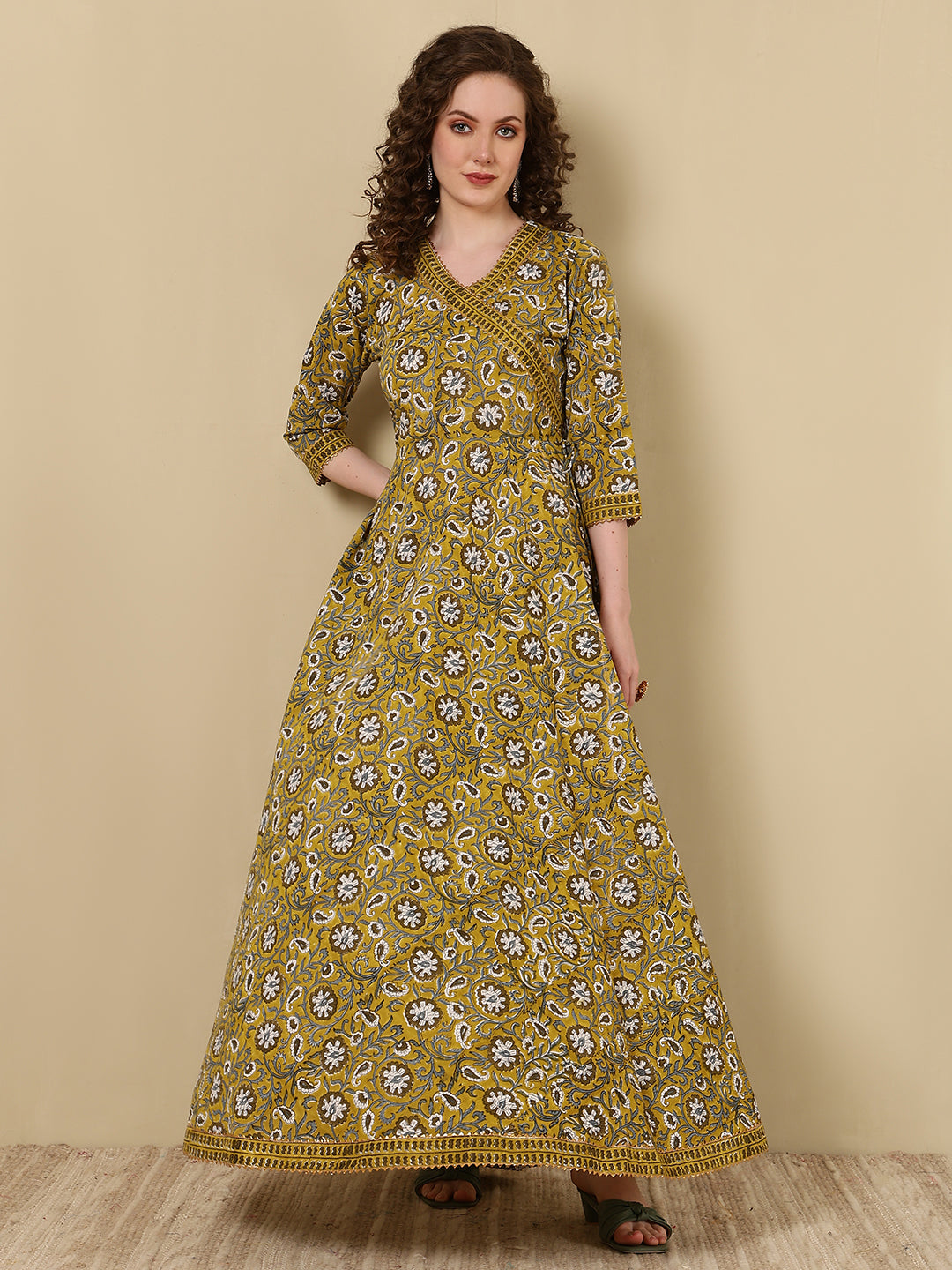 Rayon Printed Ankle Length 3/4 Sleeve V-Neck Angrakha Kurta - Image 2