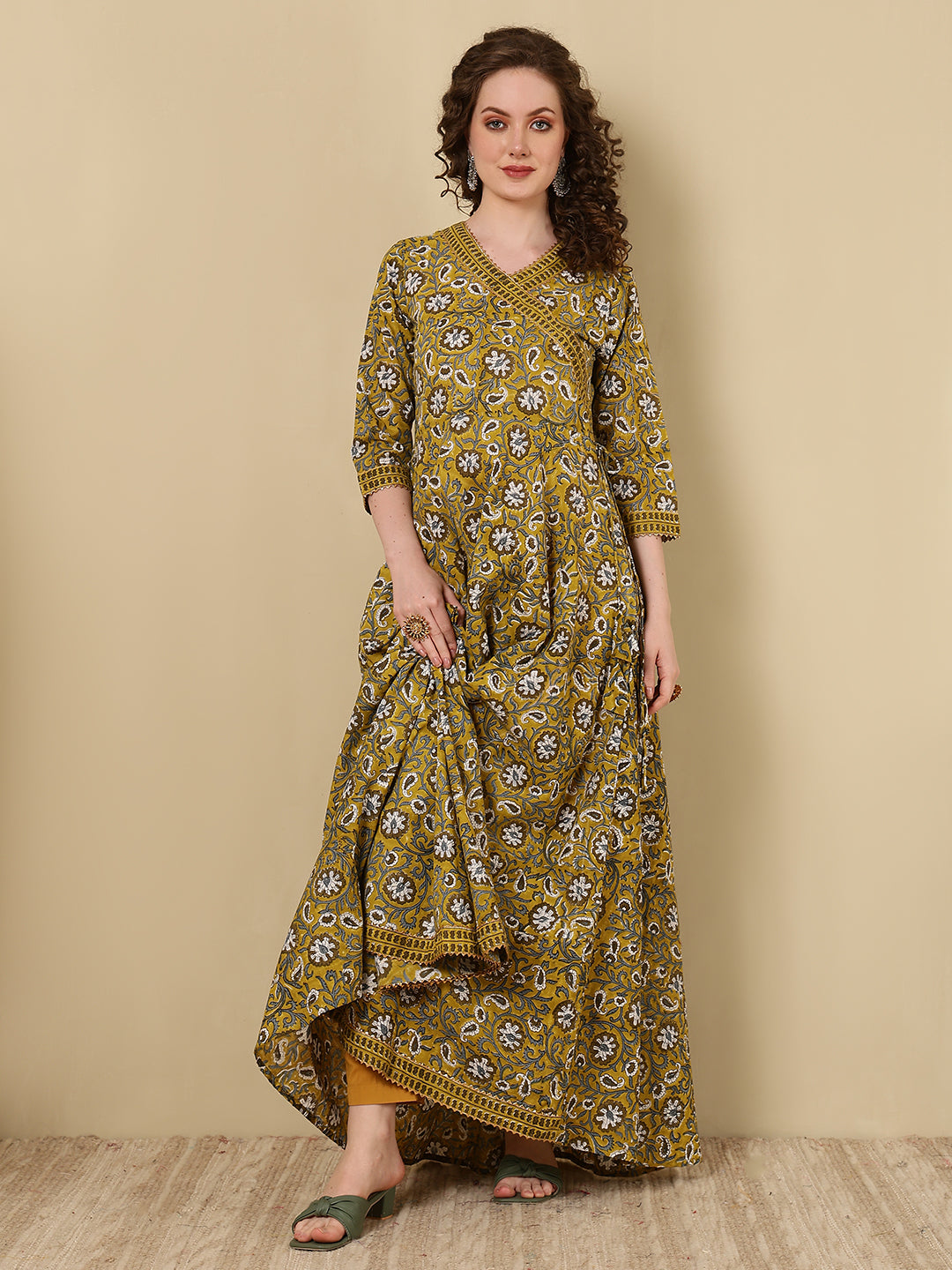 Rayon Printed Ankle Length 3/4 Sleeve V-Neck Angrakha Kurta - Image 3