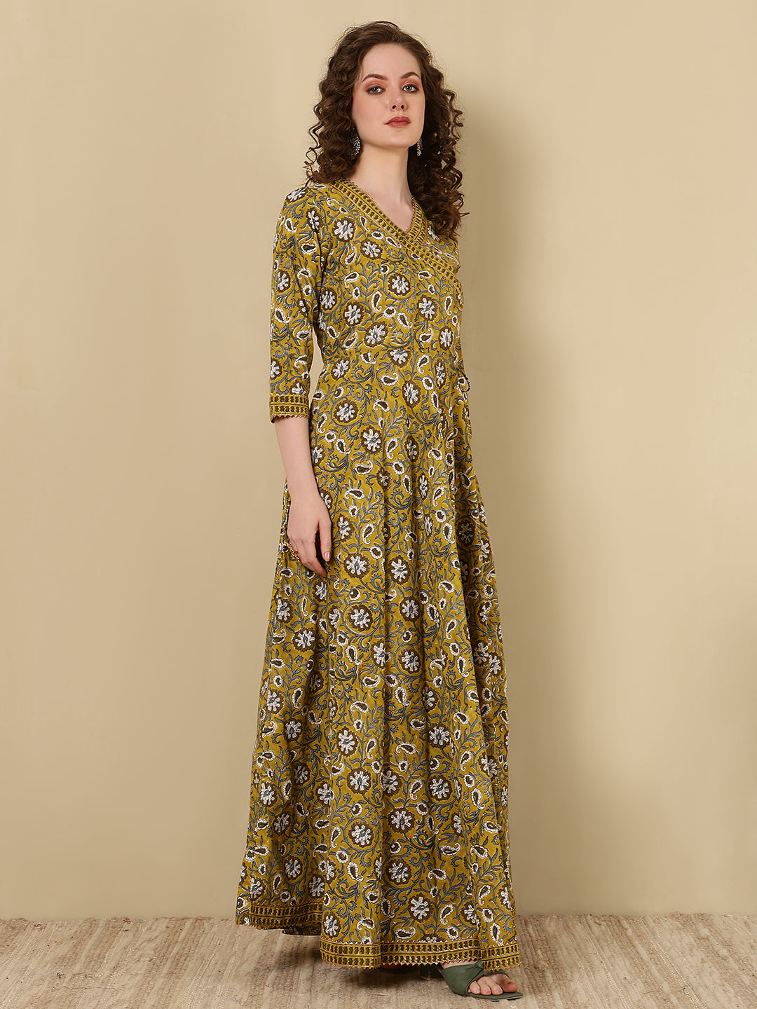 Rayon Printed Ankle Length 3/4 Sleeve V-Neck Angrakha Kurta - Image 4