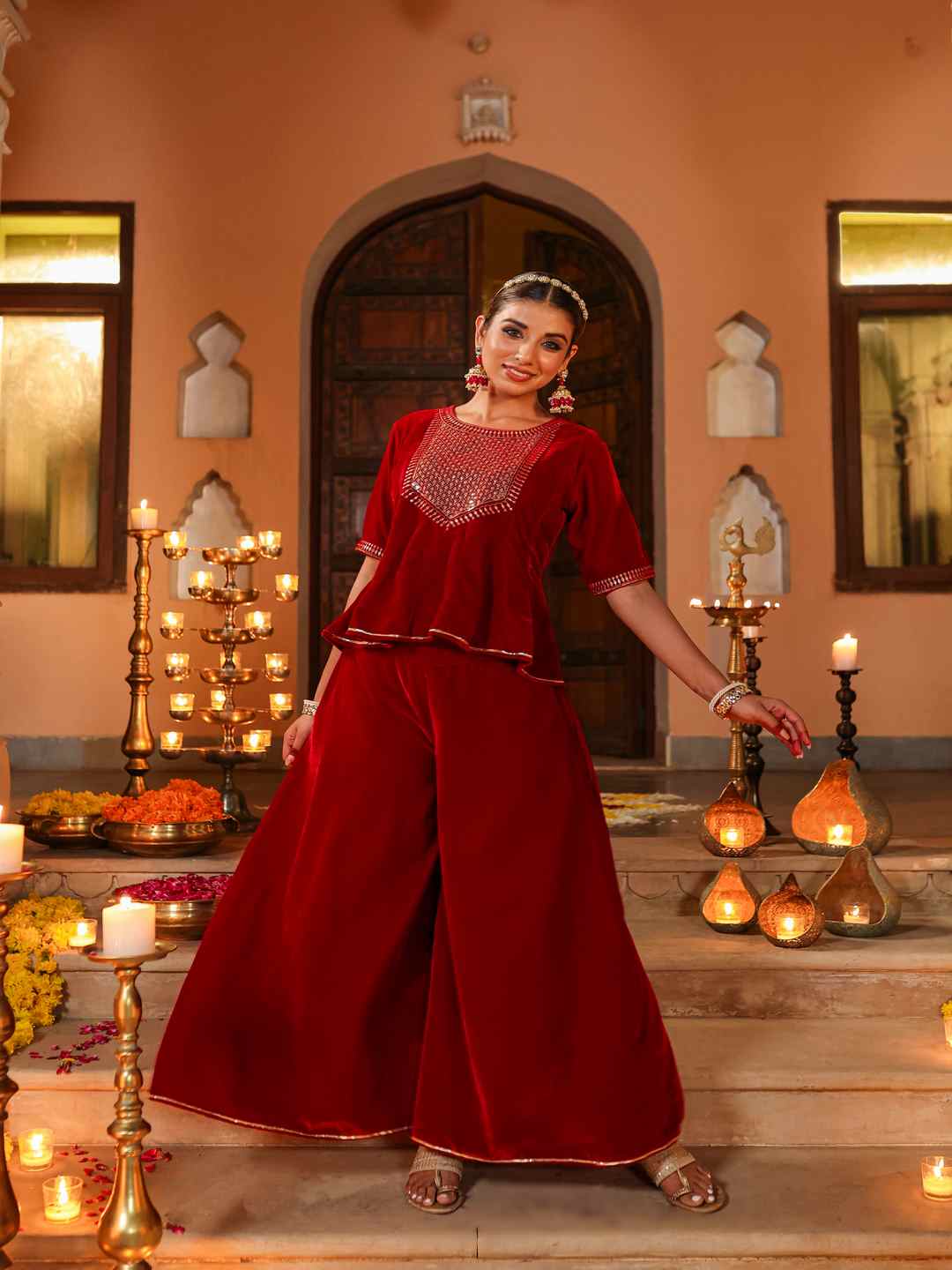 Maroon Velvet Embroidered Clothing Set - Image 7
