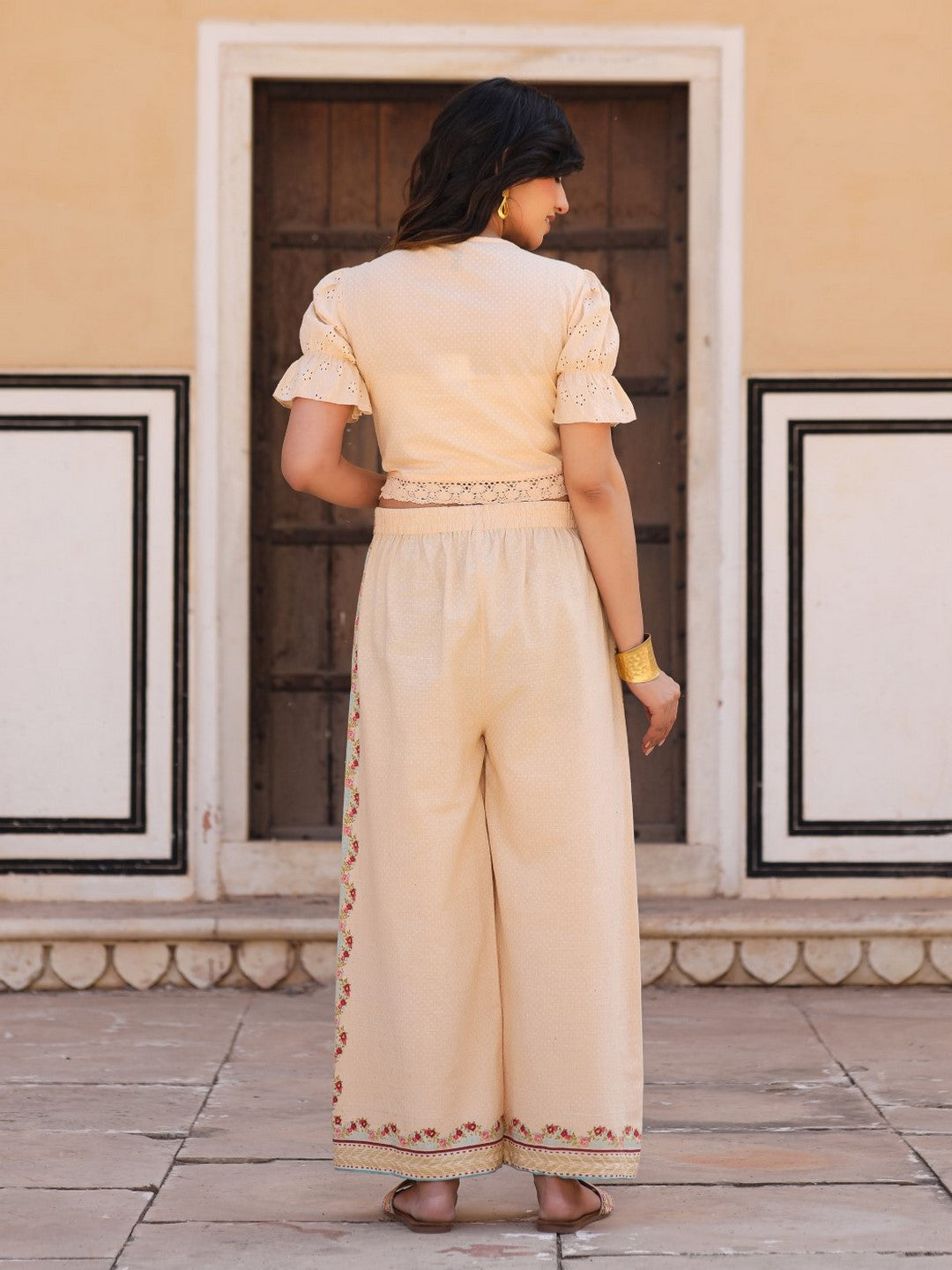 Beige Floral Printed Pure Cotton Crop Top & Pants With Thread Work Embroidery - Image 2