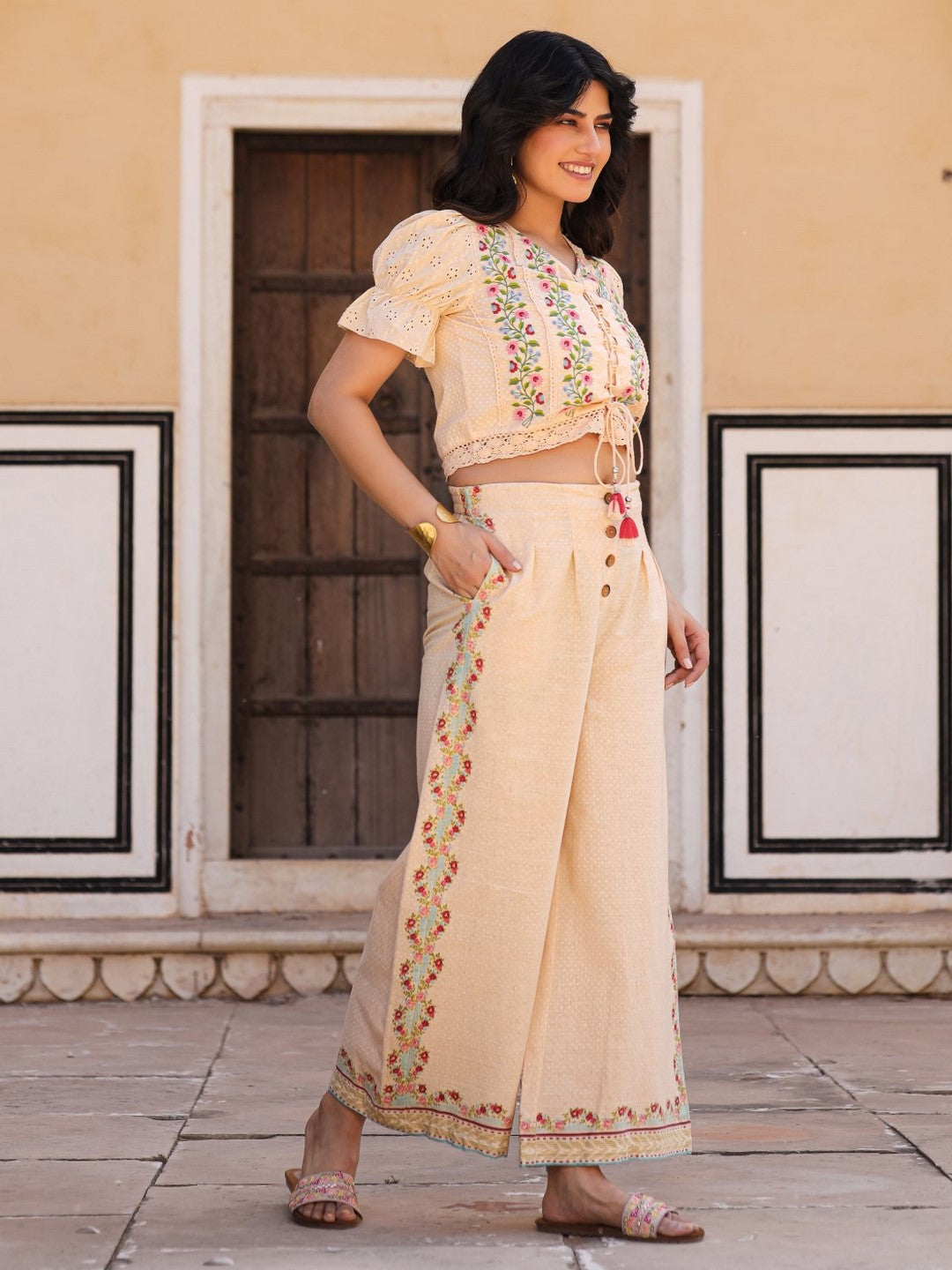 Beige Floral Printed Pure Cotton Crop Top & Pants With Thread Work Embroidery - Image 3