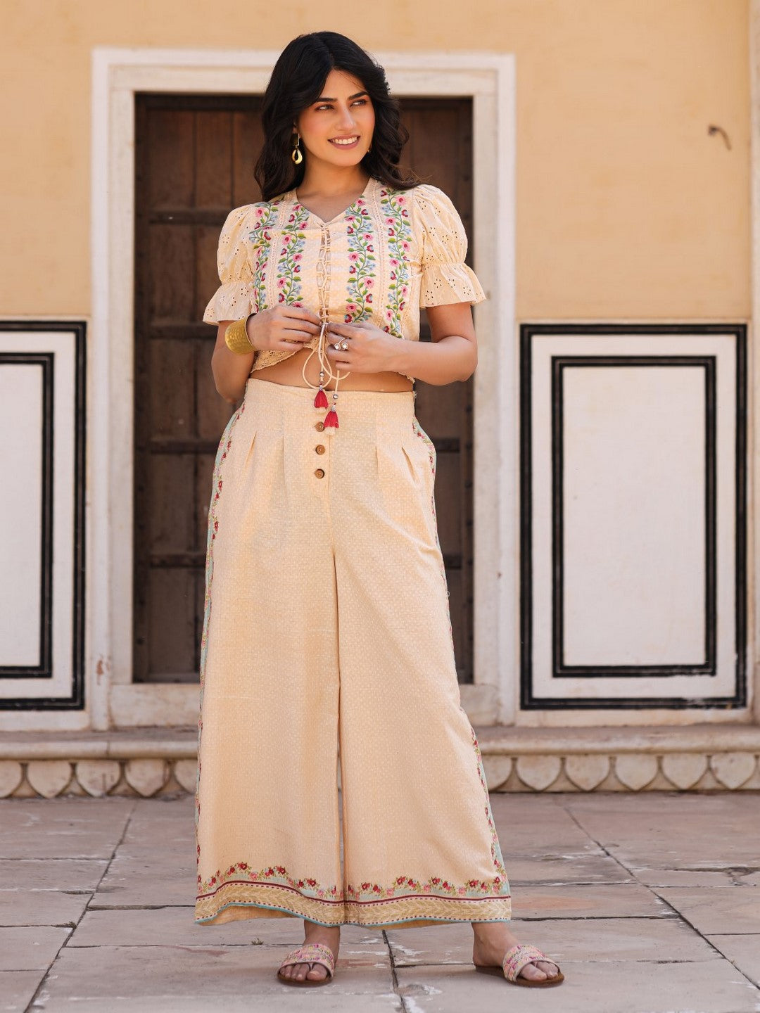 Beige Floral Printed Pure Cotton Crop Top & Pants With Thread Work Embroidery - Image 4