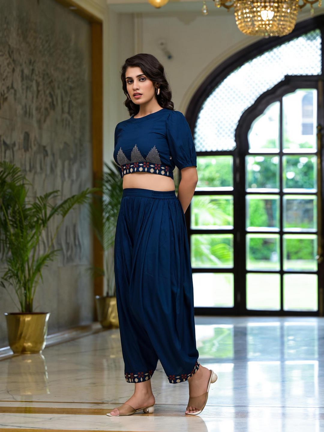 Navy Thread Embroidered Rayon Top & Dhoti Pant Set - Image 2