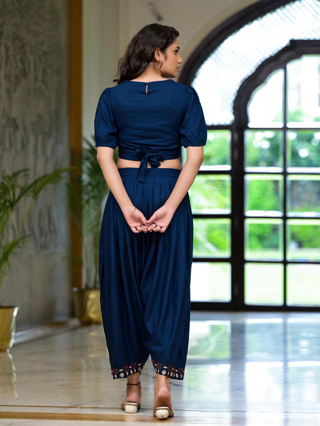 Navy Thread Embroidered Rayon Top & Dhoti Pant Set - Image 4