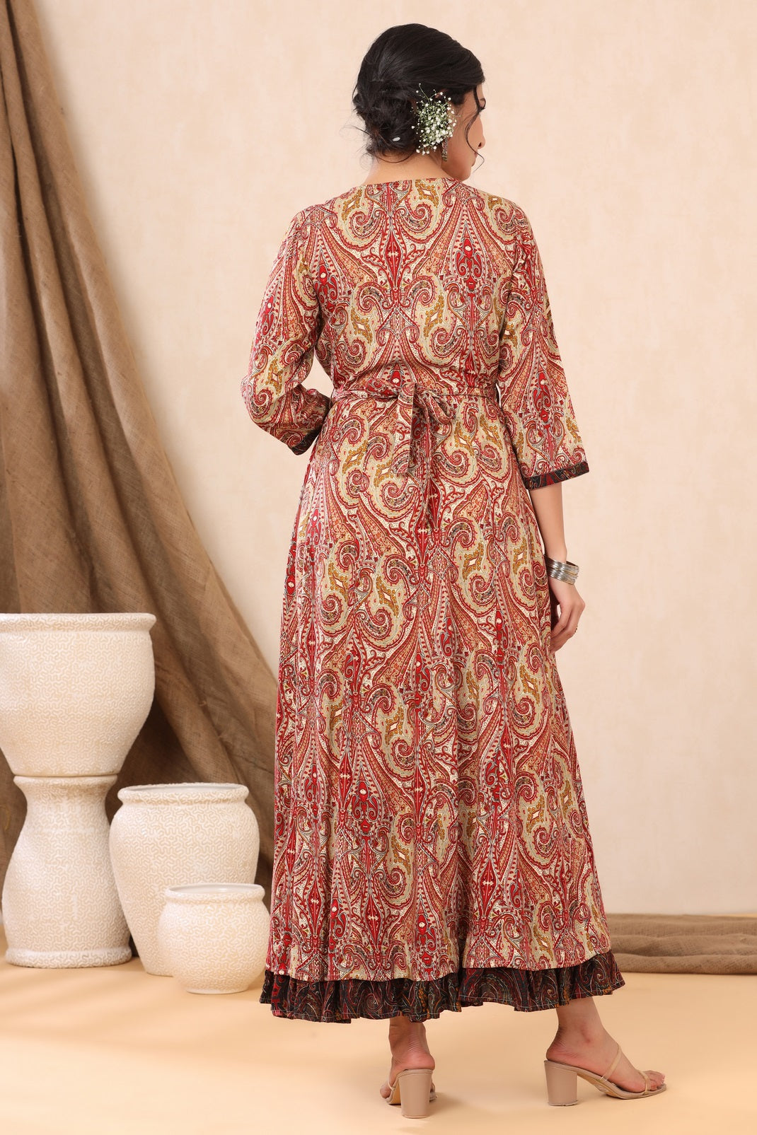 Beige Rayon Printed Flared Dress with Belt - Image 2