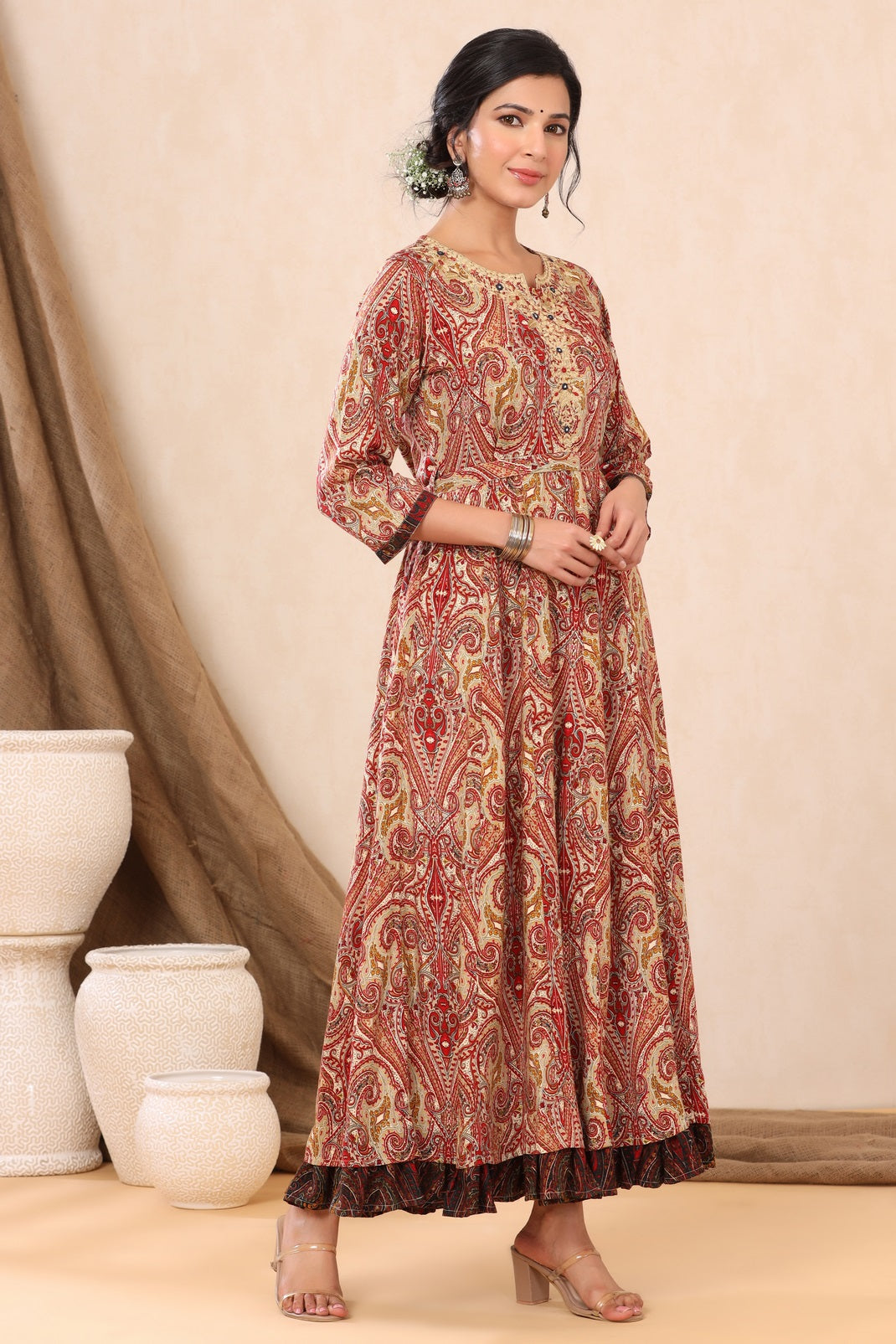 Beige Rayon Printed Flared Dress with Belt - Image 4
