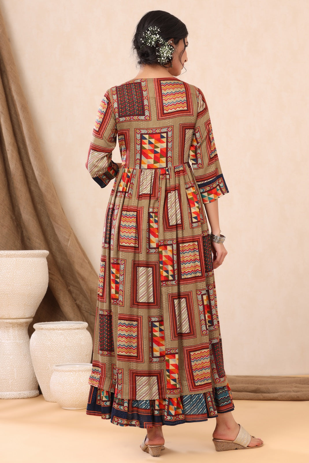 Beige Rayon Printed Flared Dress - Image 2