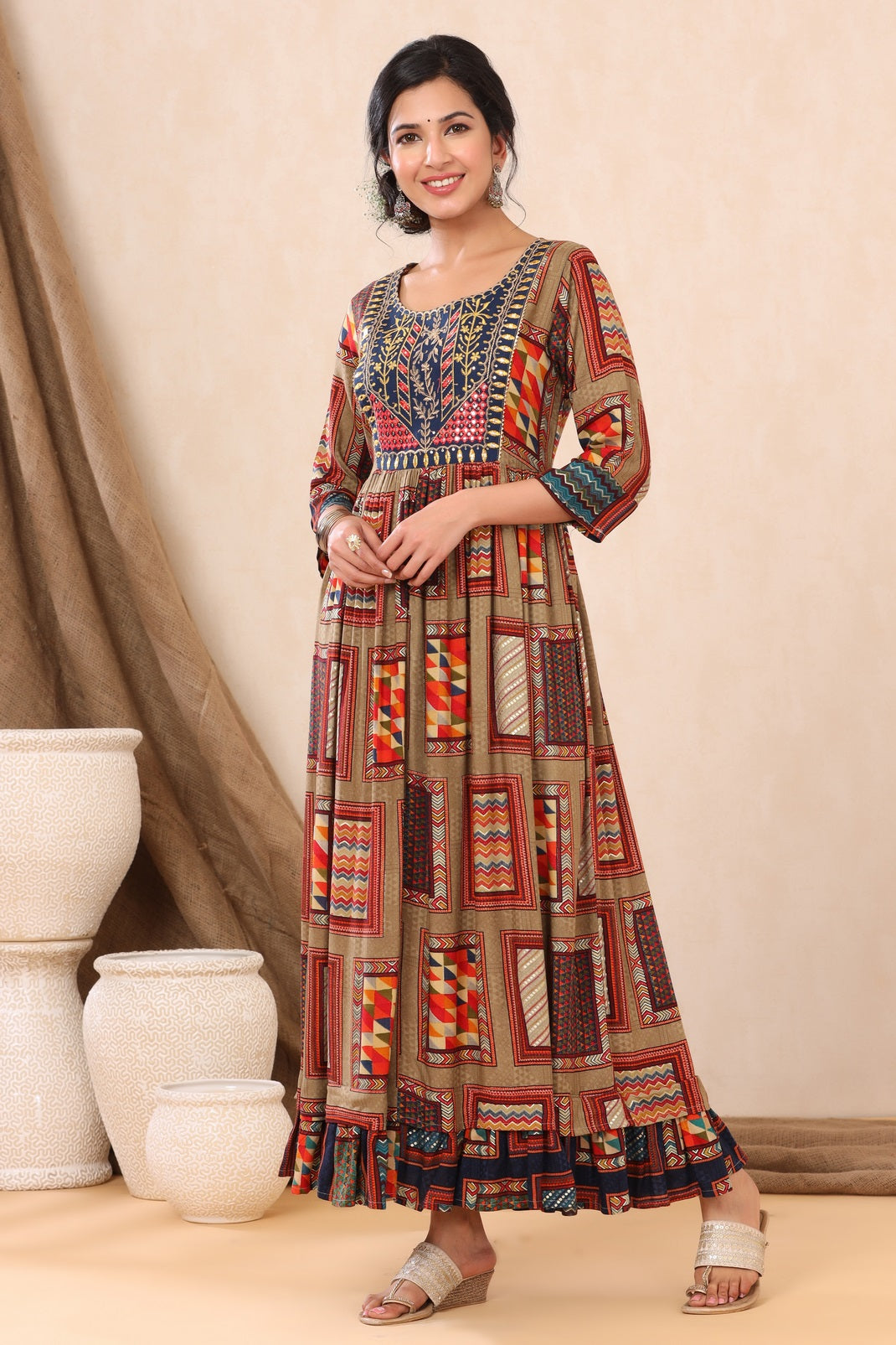 Beige Rayon Printed Flared Dress - Image 3