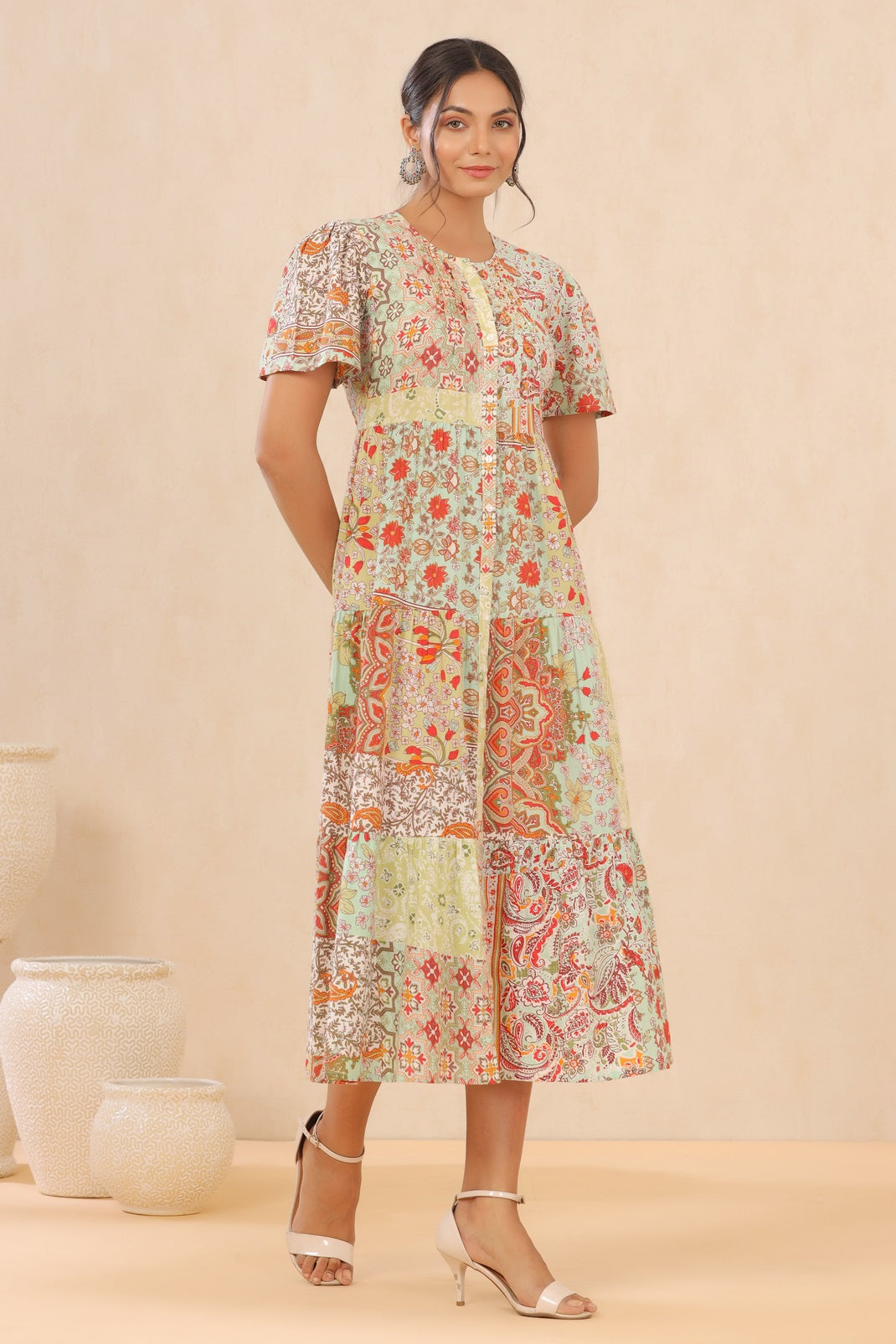Pistagreen Cotton Twill Printed Tiered Dress - Image 5