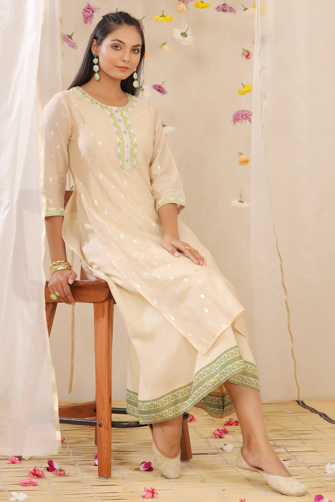 Beige Chanderi & Rayon Embroidered Layered 2 Pc Dress - Image 2