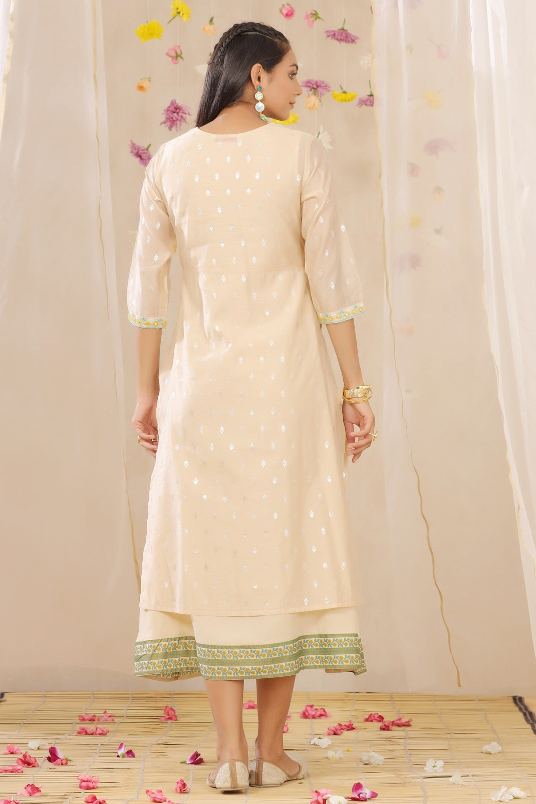 Beige Chanderi & Rayon Embroidered Layered 2 Pc Dress - Image 3