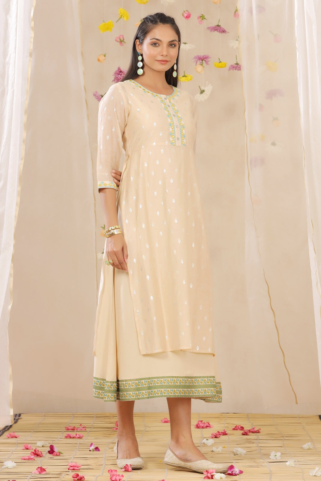 Beige Chanderi & Rayon Embroidered Layered 2 Pc Dress - Image 4