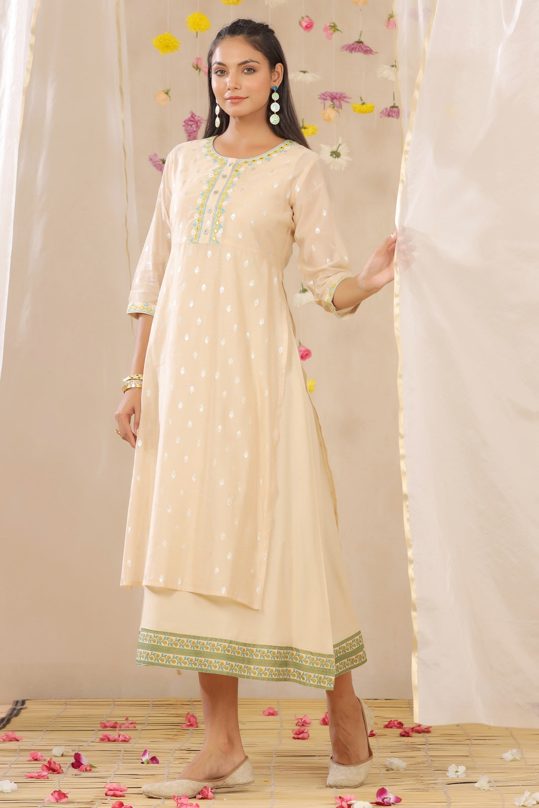 Beige Chanderi & Rayon Embroidered Layered 2 Pc Dress - Image 5
