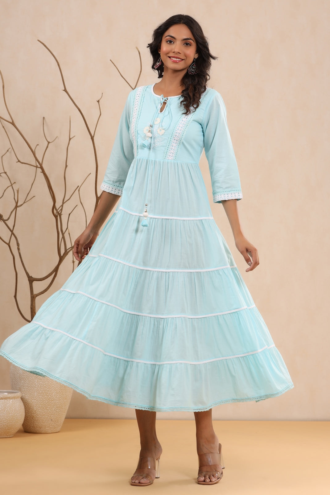 Women`s Skyblue Cambric Solid Tiered Dress - Image 2