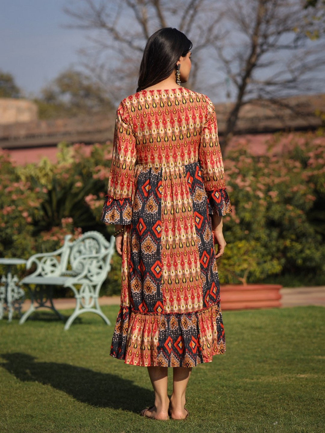 Rust Ikat Printed Cotton Maxi Dress With Embroidered Neckline - Image 2