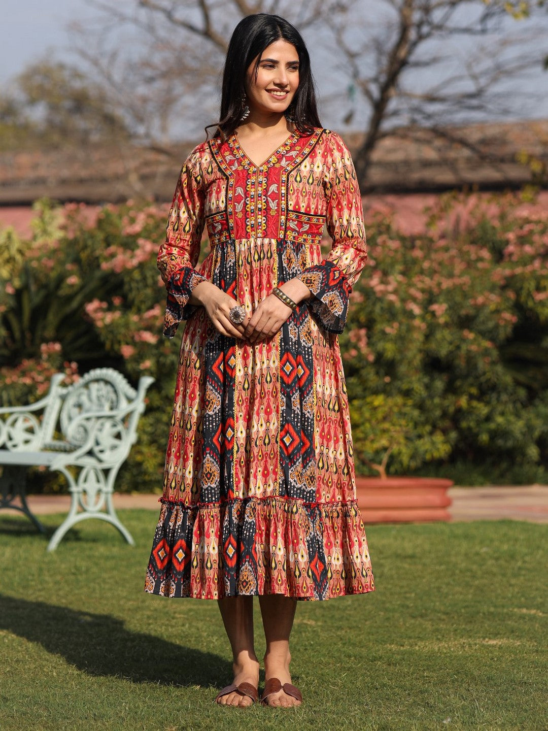 Rust Ikat Printed Cotton Maxi Dress With Embroidered Neckline - Image 3