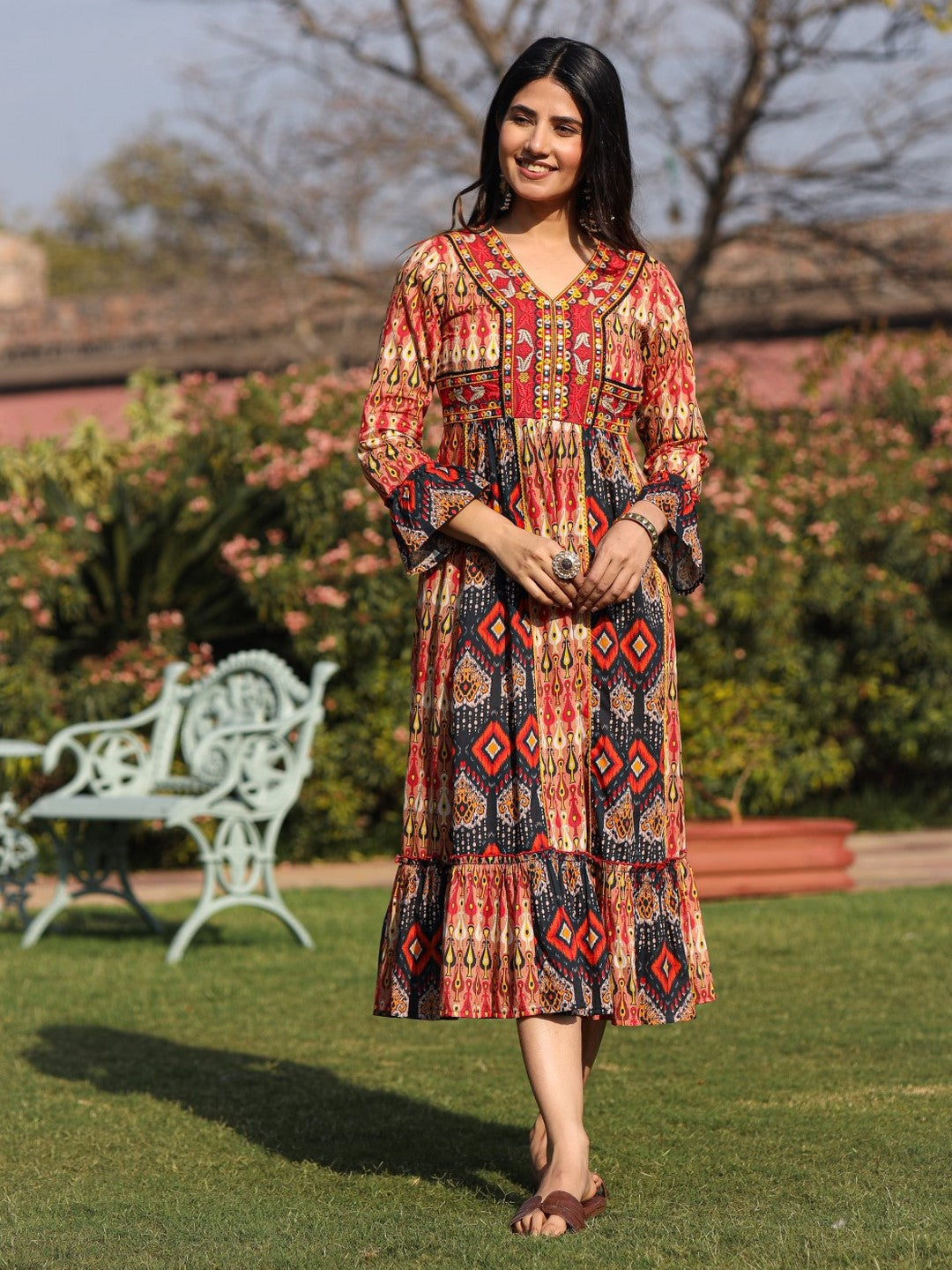 Rust Ikat Printed Cotton Maxi Dress With Embroidered Neckline - Image 4