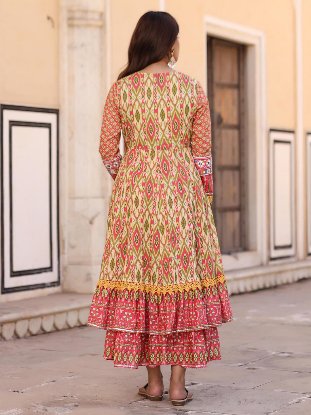 Green Cotton Ikat Printed Layered Maxi Dress With Thread Embroidery & Dori Tassel Tie-Up At Waist - Image 3
