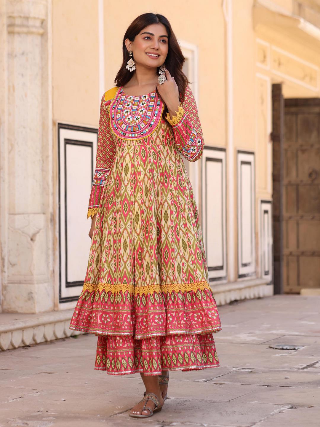 Green Cotton Ikat Printed Layered Maxi Dress With Thread Embroidery & Dori Tassel Tie-Up At Waist - Image 4