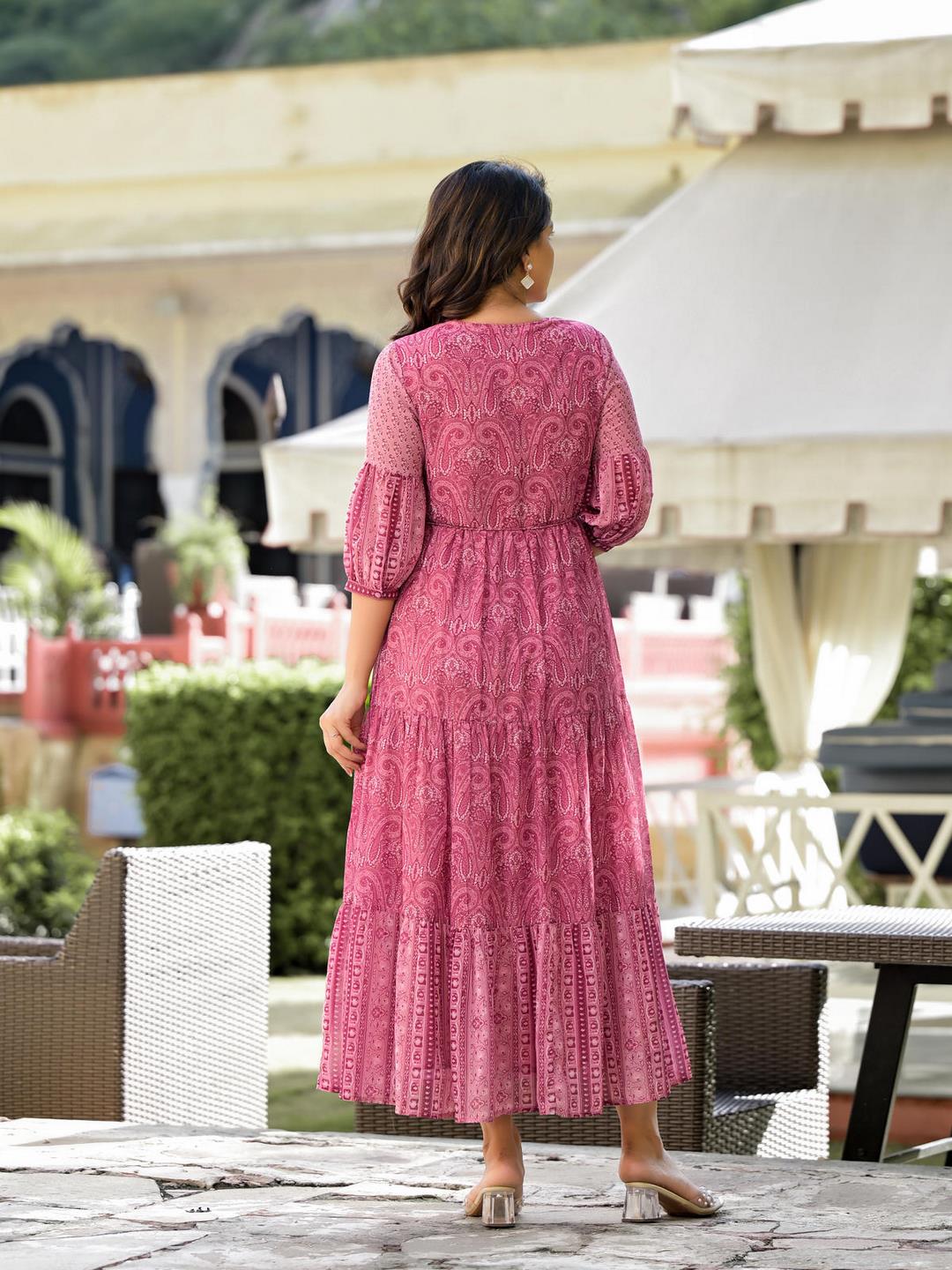 Onion Pink Ethnic Motif Printed Georgette Gathers Maxi Dress With Sequins & Doris - Image 2
