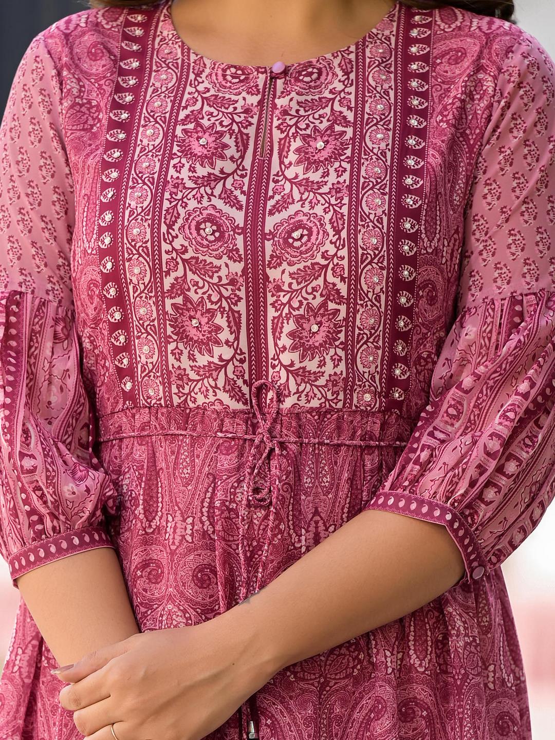 Onion Pink Ethnic Motif Printed Georgette Gathers Maxi Dress With Sequins & Doris - Image 3