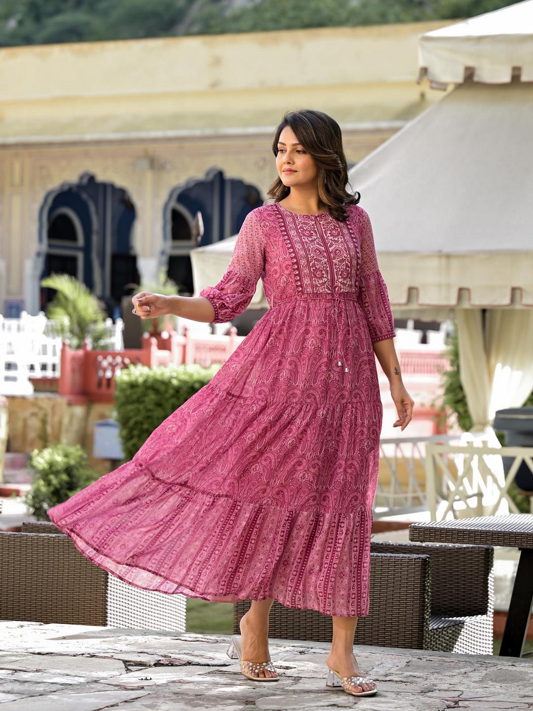 Onion Pink Ethnic Motif Printed Georgette Gathers Maxi Dress With Sequins & Doris - Image 4
