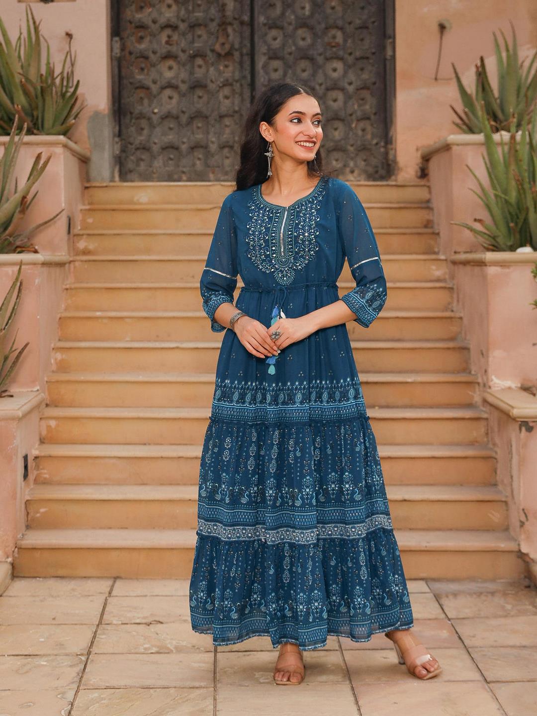 The Dholitaro Blue Ethnic Motif Printed Georgette Tiered Dress With Sequins & Doris At Waist - Image 2