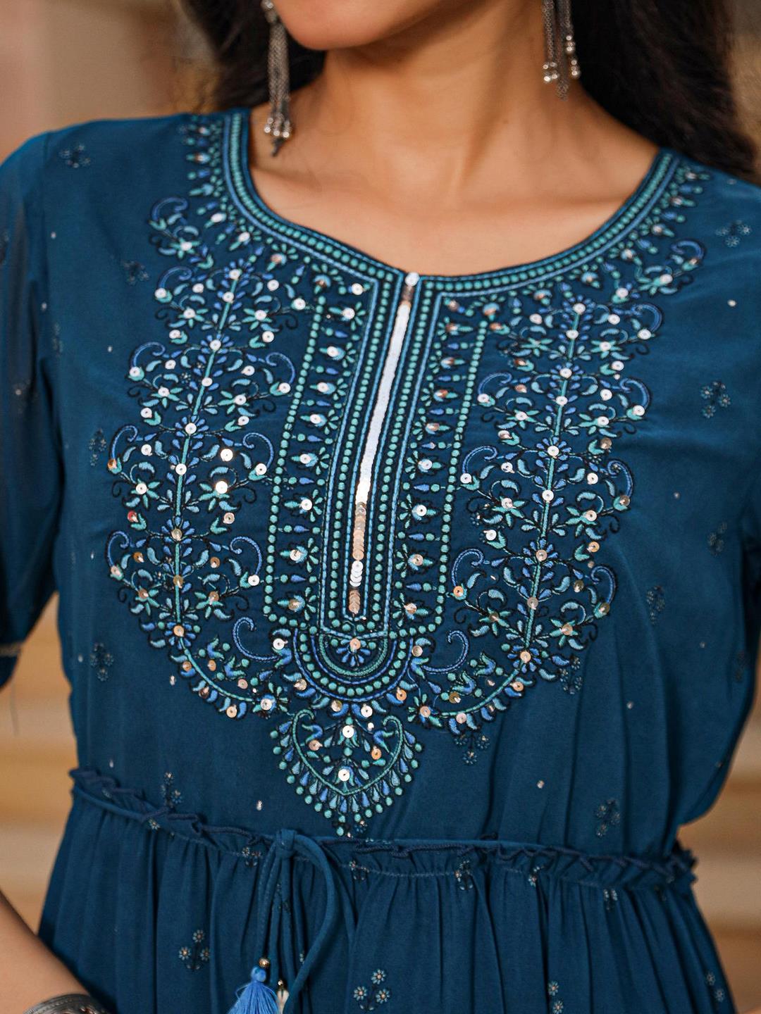 The Dholitaro Blue Ethnic Motif Printed Georgette Tiered Dress With Sequins & Doris At Waist - Image 3