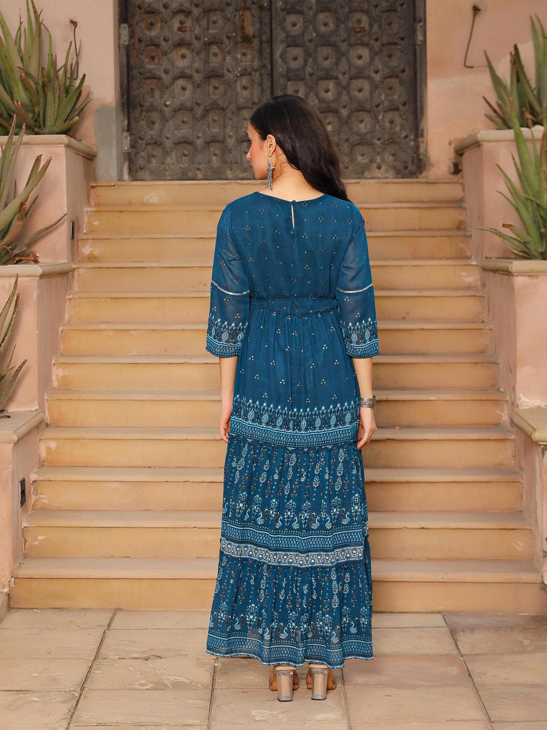 The Dholitaro Blue Ethnic Motif Printed Georgette Tiered Dress With Sequins & Doris At Waist - Image 4
