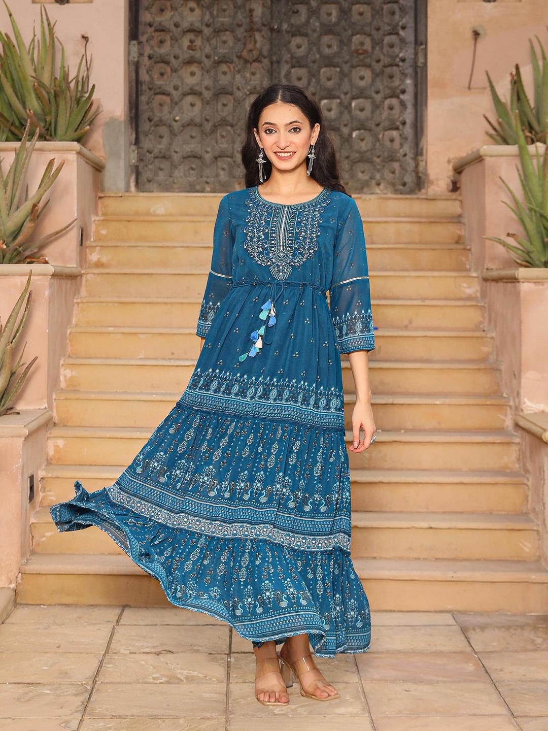 The Dholitaro Blue Ethnic Motif Printed Georgette Tiered Dress With Sequins & Doris At Waist - Image 5